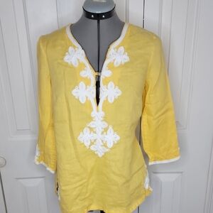 Charter Club Tunic Blouse Size Petite Small Yellow with White Embroidery